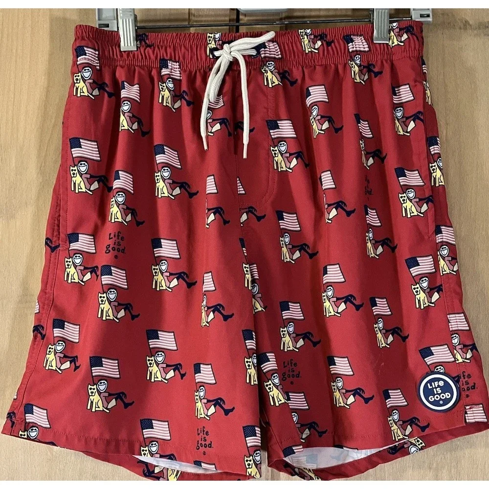 Life is Good Swim Trunks Men's Small Red American Flag Dog All Over Pockets Logo